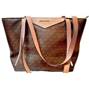 Michael Kors Tote Bag Purse Brown Logo‎ Taupe Leather Trim Authenticated